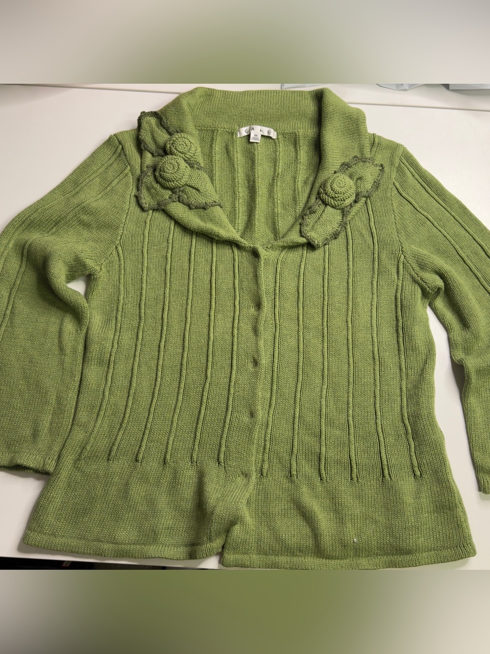 CAbi Olive Green Ribbed Knit Cardigan with Floral Collar